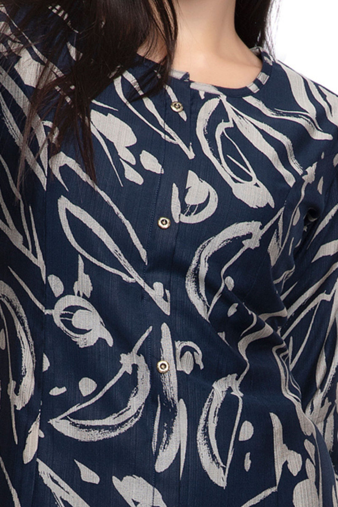 Navy Blue Abstract Print A-line Cut Calf Length Kurti