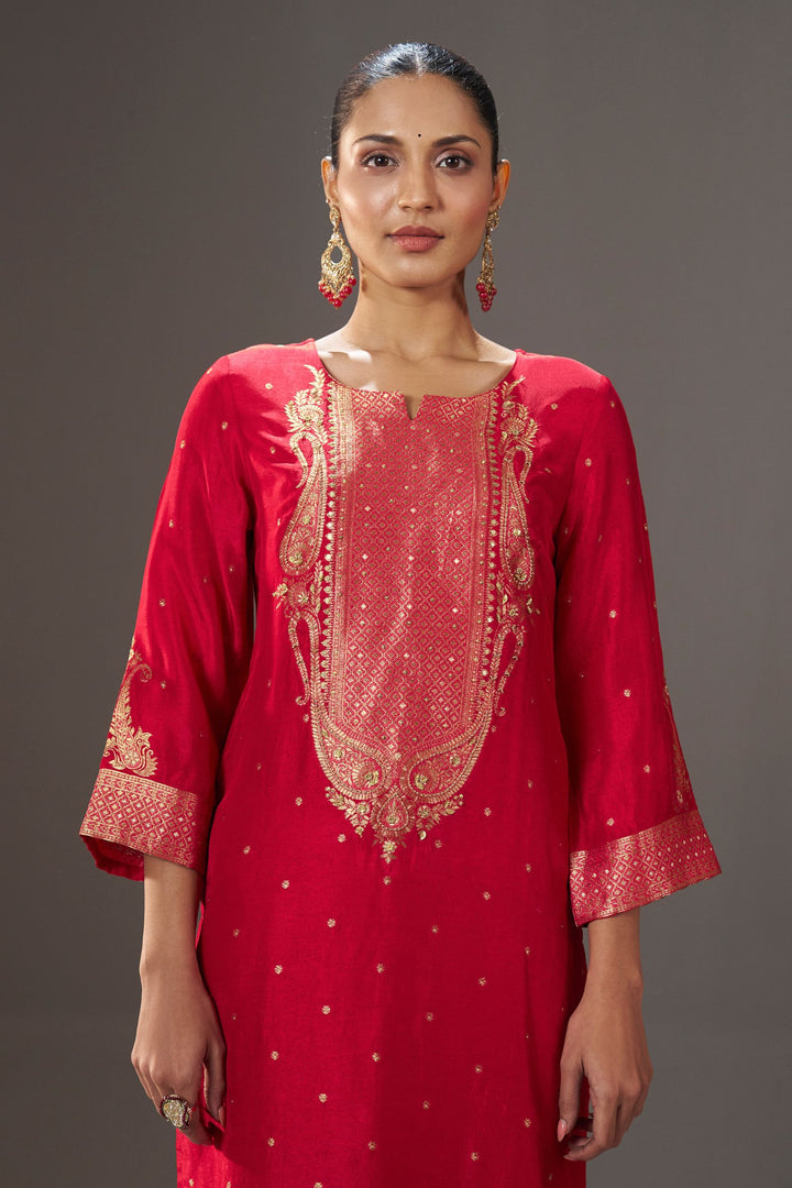 Red Banaras and Beads work Straight Cut Salwar Suit