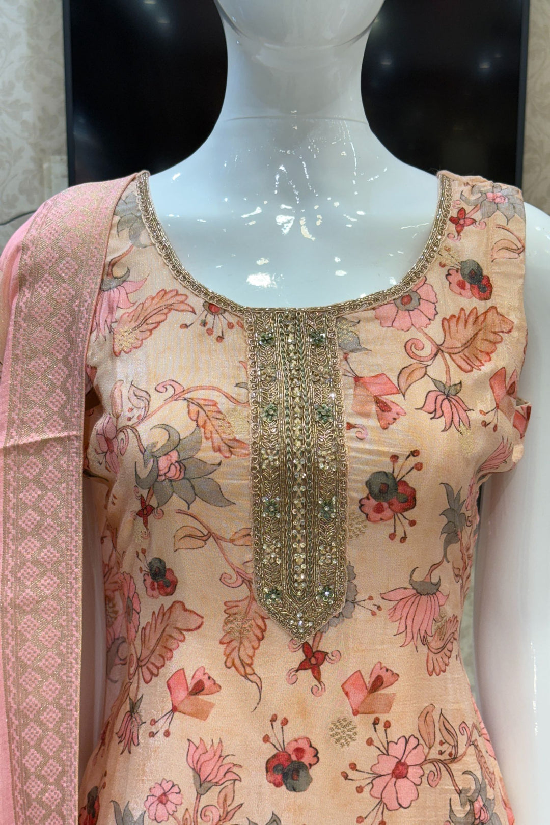 Peach Stone, Zadozi, Beads, Mirror and Zari Weaving work Straight Cut Salwar Suit