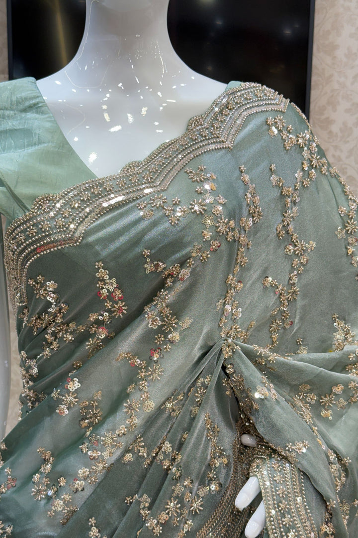 Sea Green Beads, Zari and Sequins work Saree
