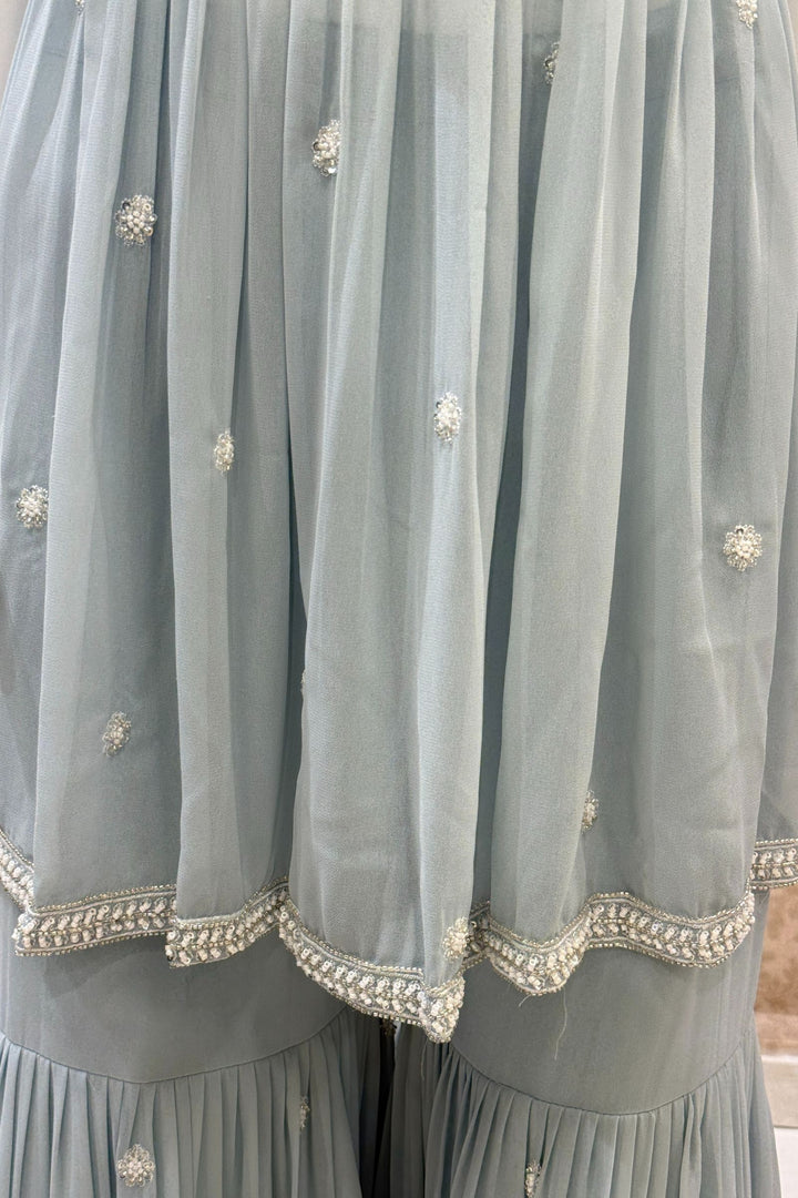 Sky Blue Beads, Sequins and Thread work Peplum Top with Sharara Suit Set