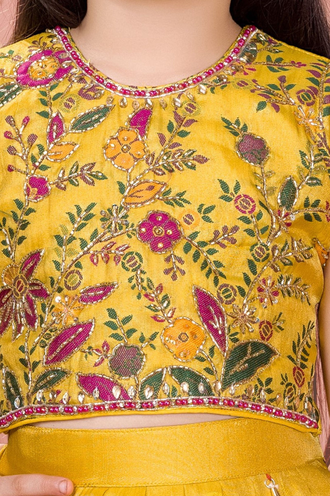 Yellow Jacquard, Beads and Stone work Lehenga Choli for Girls