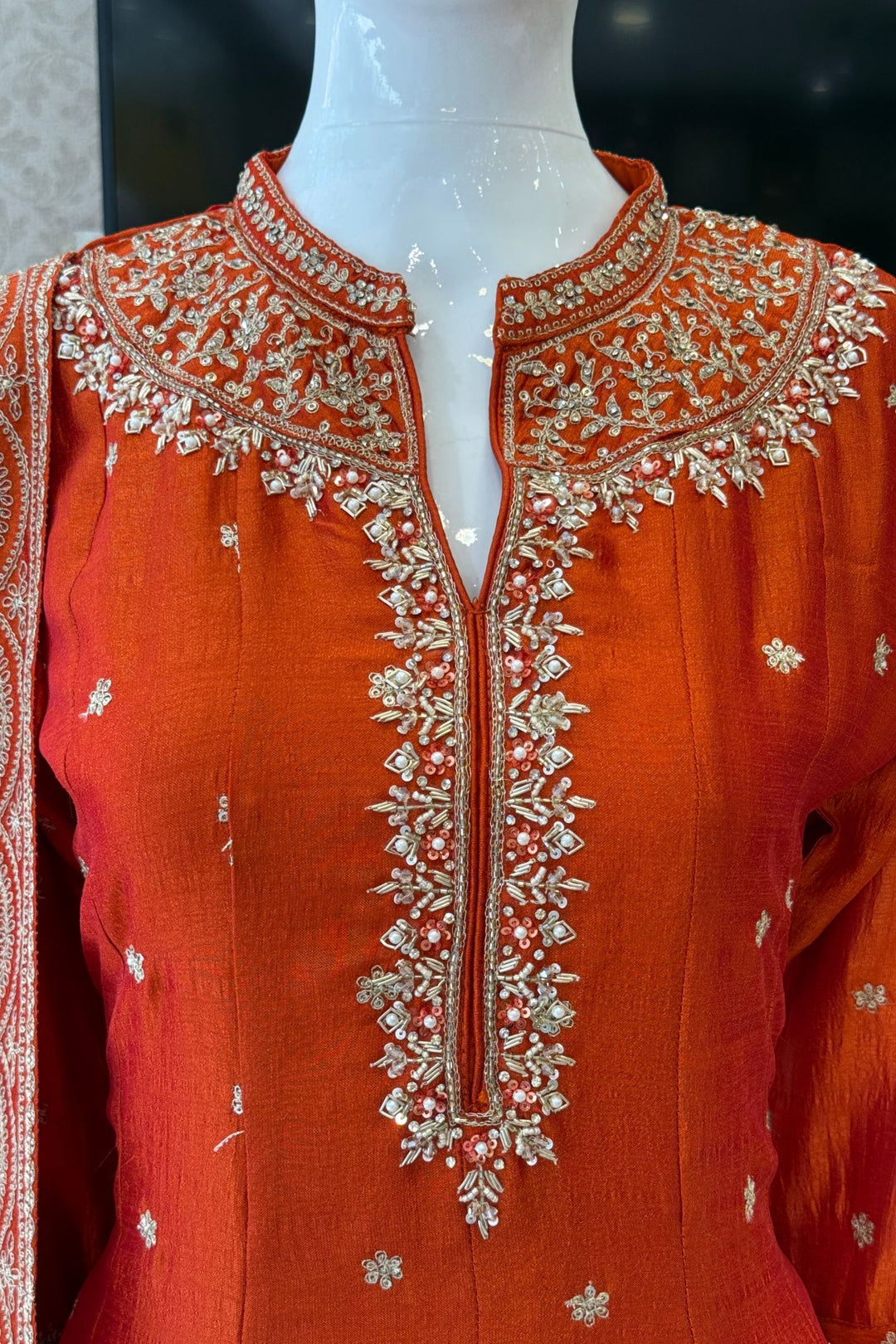 Orange Zari, Zardozi, Sequins and Stone work A-line Cut Salwar Suit