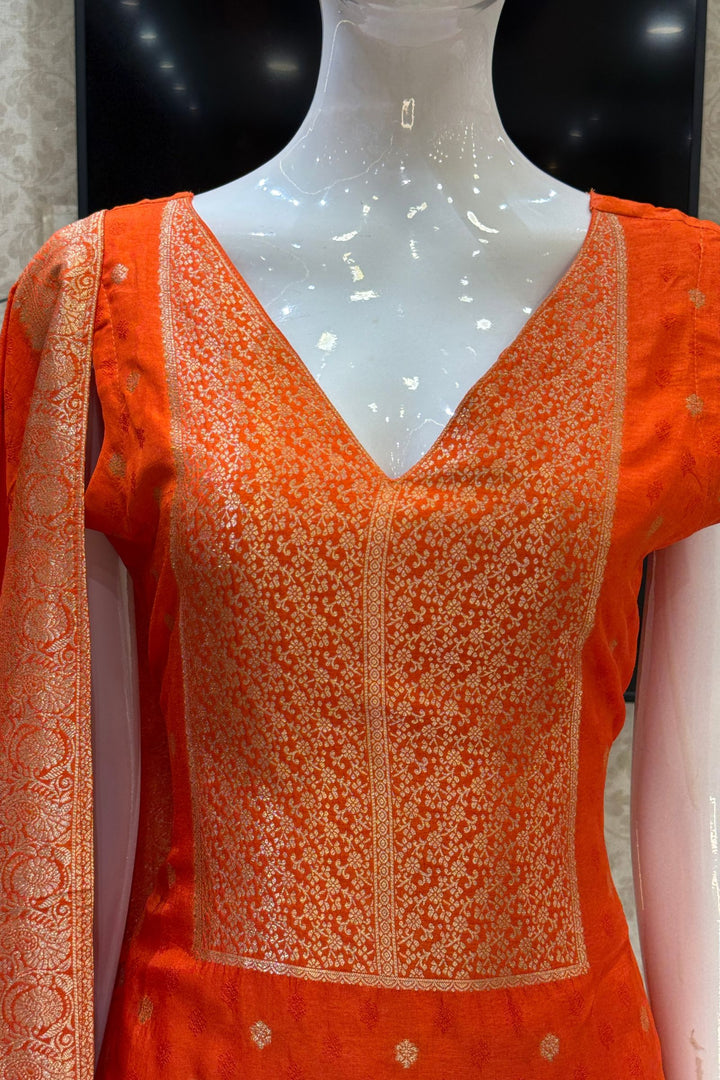Orange Banaras work V-Neck Straight Cut Salwar Suit