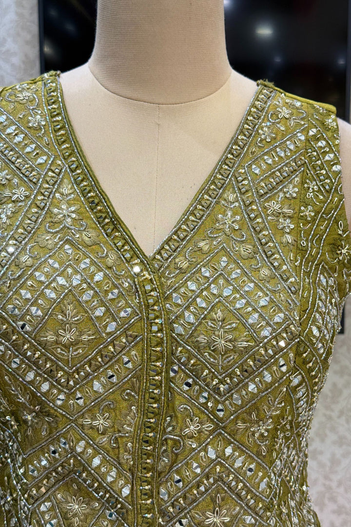 Mehendi Green Mirror, Beads, Sequins, Zardozi and Banaras work Peplum Style Lehenga