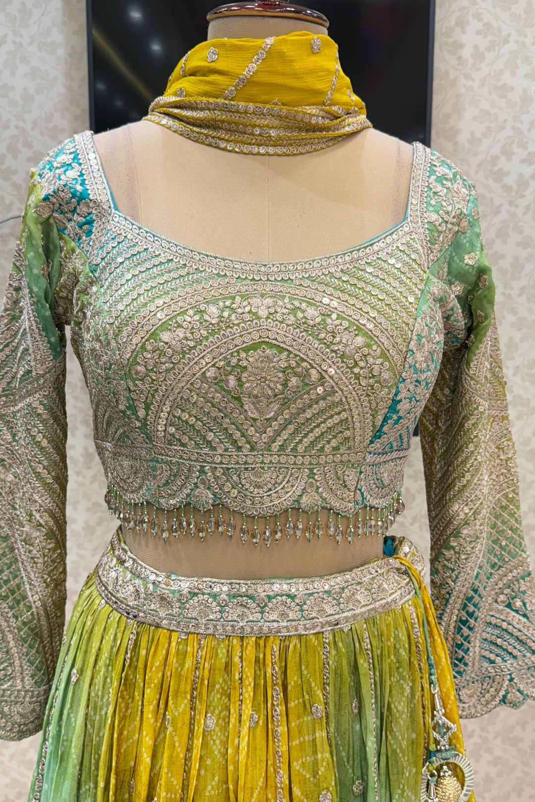 Yellow with Green Sequins, Zari and Beads work with Bandini Print Crop Top Lehenga