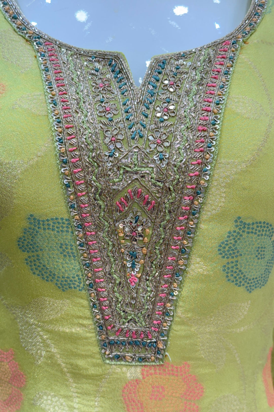 Lemon Green Jacquard, Sequins, Zari, Thread and Beads work Straight Cut Salwar Suit