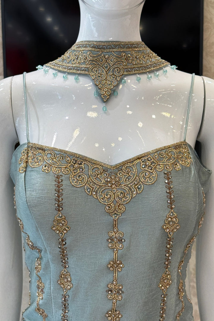 Sea Blue Palazzo Salwar Suit with Stone, Zari and Embroidery Detailing