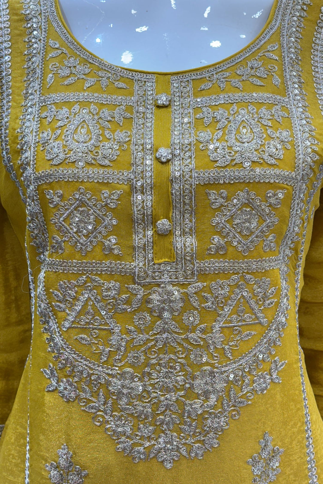 Yellow Zari and Sequins work with Digital Print Palazzo Salwar Suit