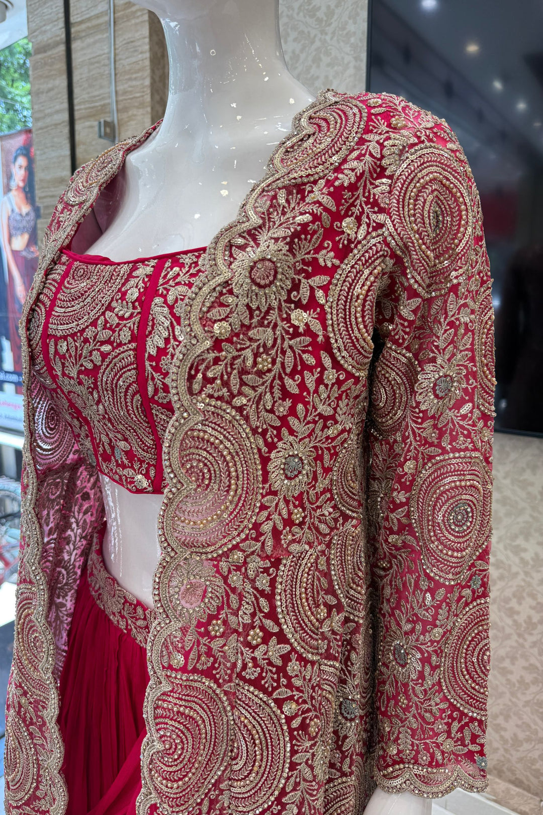Rani Pink Drape Style Lehenga with Sequins, Stone and Zari work Long Overcoat
