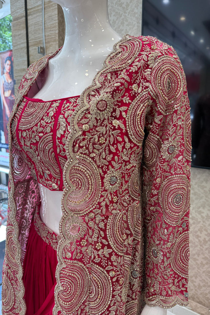 Rani Pink Drape Style Lehenga with Sequins, Stone and Zari work Long Overcoat