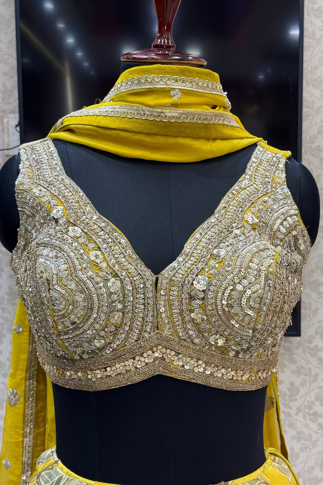 Olive Green Sequins, Stone, Beads, Zari and Zardozi work with Digital Print Crop Top Lehenga