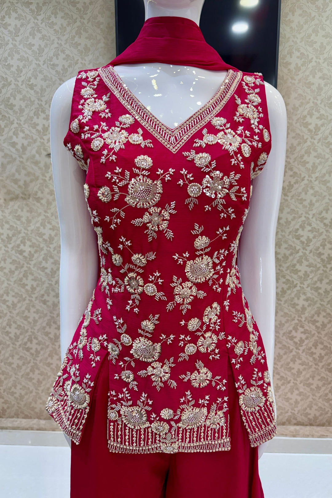 Rani Pink Beads, Zari and Sequins work Palazzo Salwar Suit