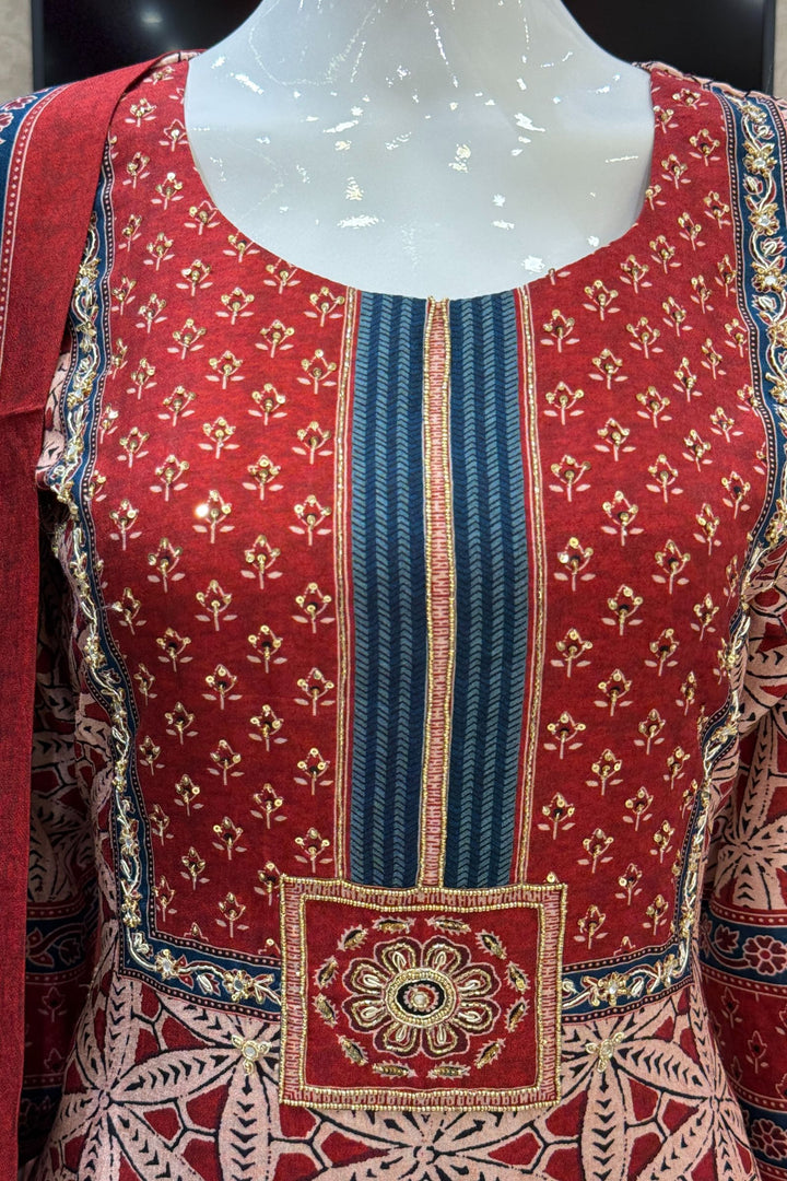 Maroon with Beige Sequins and Beads work with Ajrakh Print Straight Cut Salwar Suit