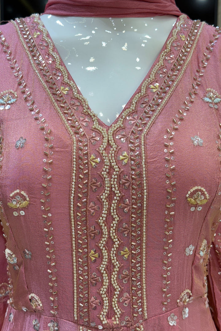 Rose Pink Beads, Sequins and Thread work Long Top with Straight Pant