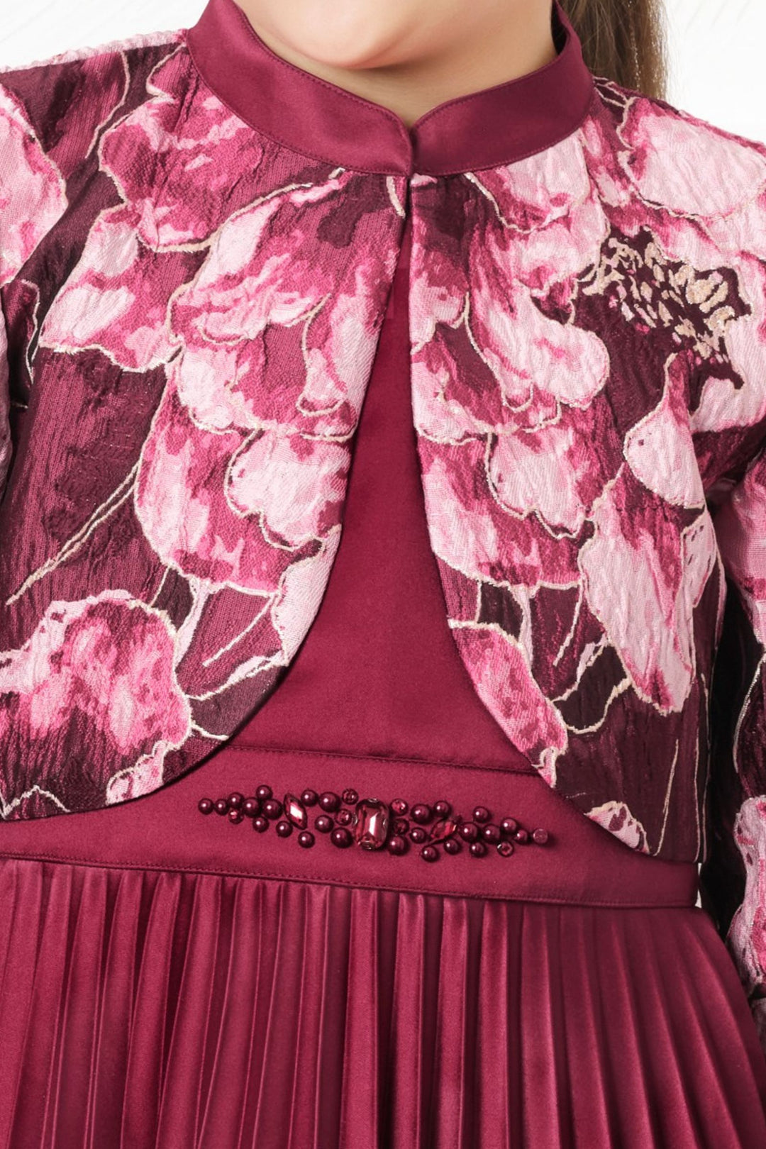 Maroon Digital Print Jacket Styled Short Frock For Girls