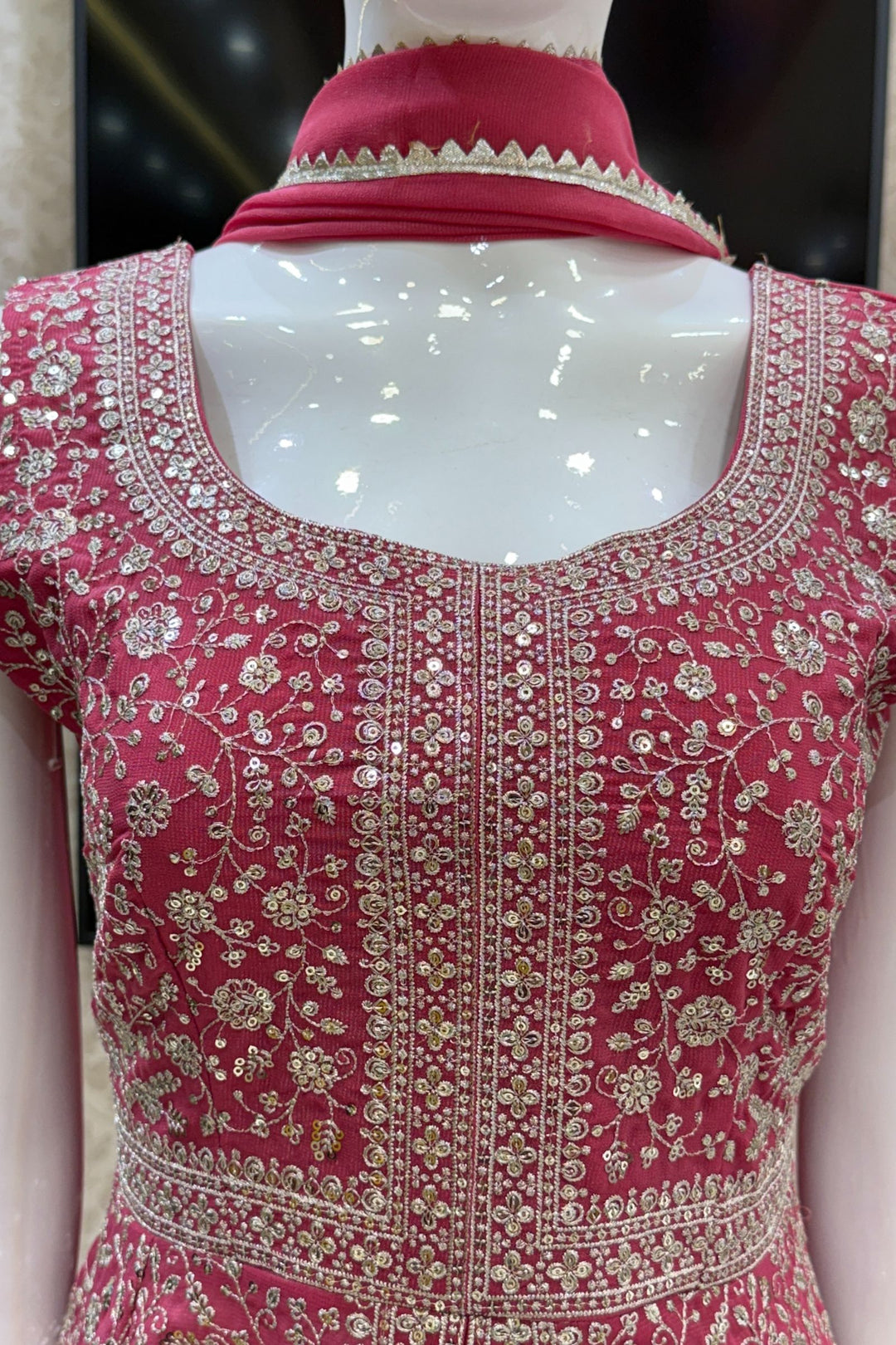 Dark Pink Silver Zari and Sequins work Peplum Top with Palazzo Suit Set