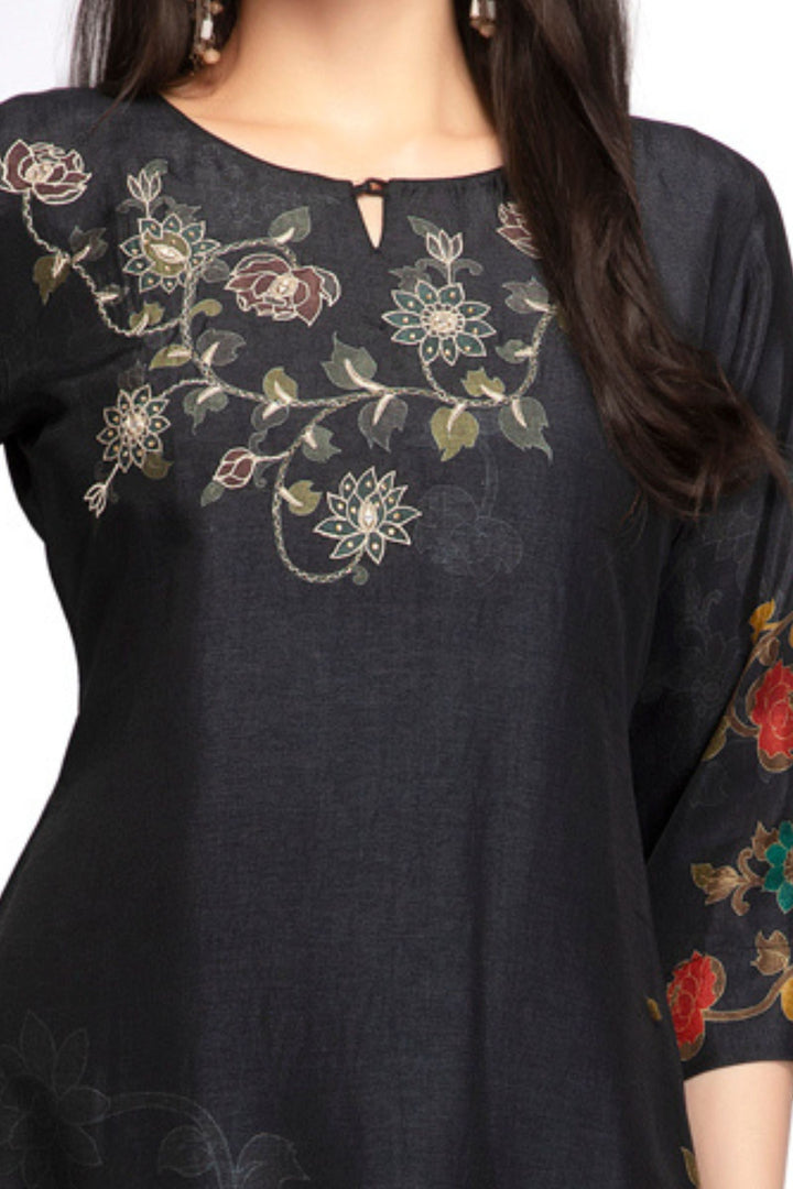 Black Embroidery, Stone and Mirror work with Floral Print Calf Length Kurti