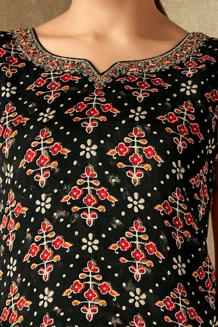 Black Beads, Mirror, Zardozi and Stone work with Multicolor Digital Print Straight Cut Salwar Suit
