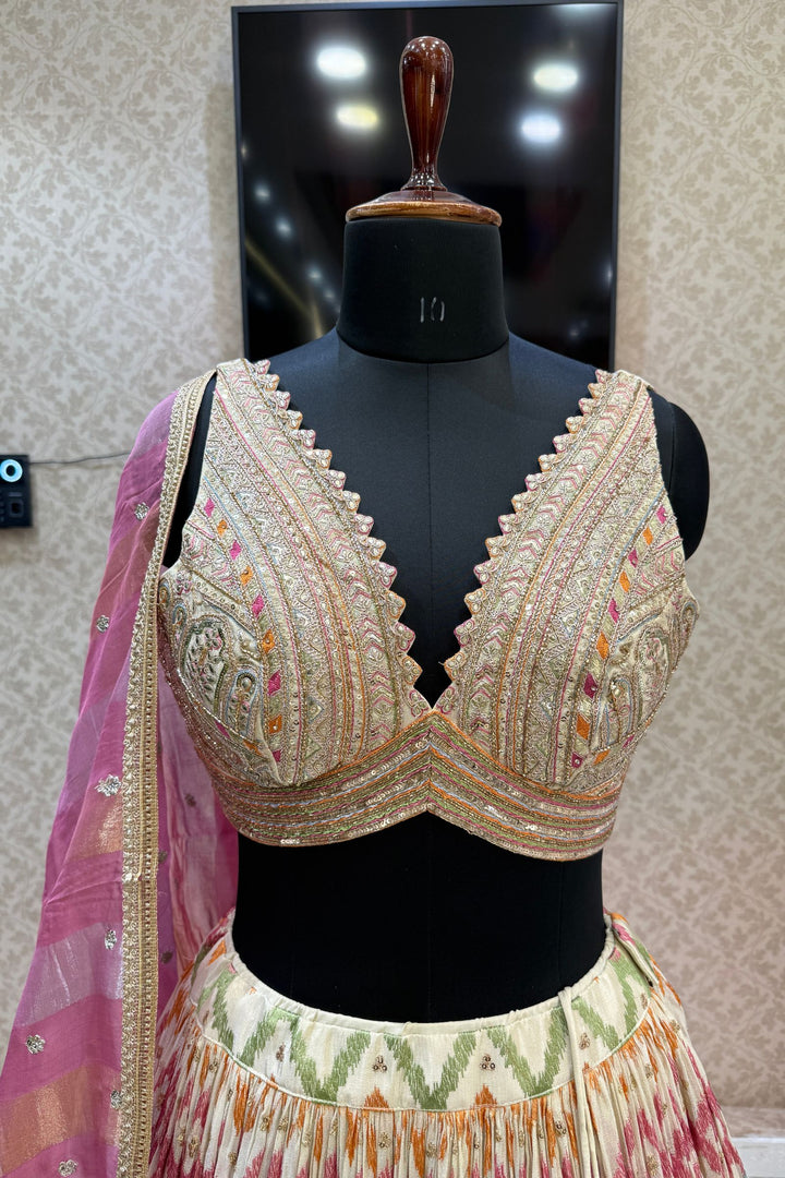 Cream Multicolor Embroidery, Sequins, Zari, Beads and Zardozi work Crop Top Lehenga