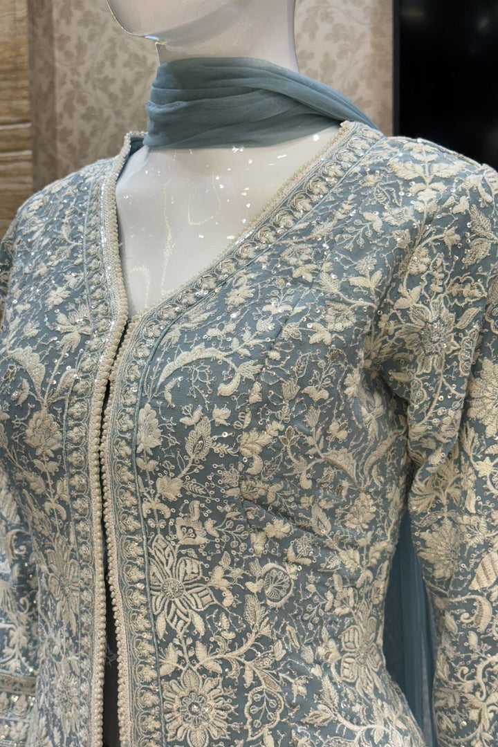 Firozi Blue Chikankari, Sequins and Zari work Palazzo Suit Set