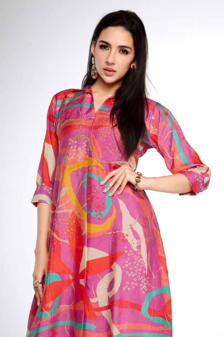 Pink with Multicolor Digital Print and Beads work Calf Length Kurti