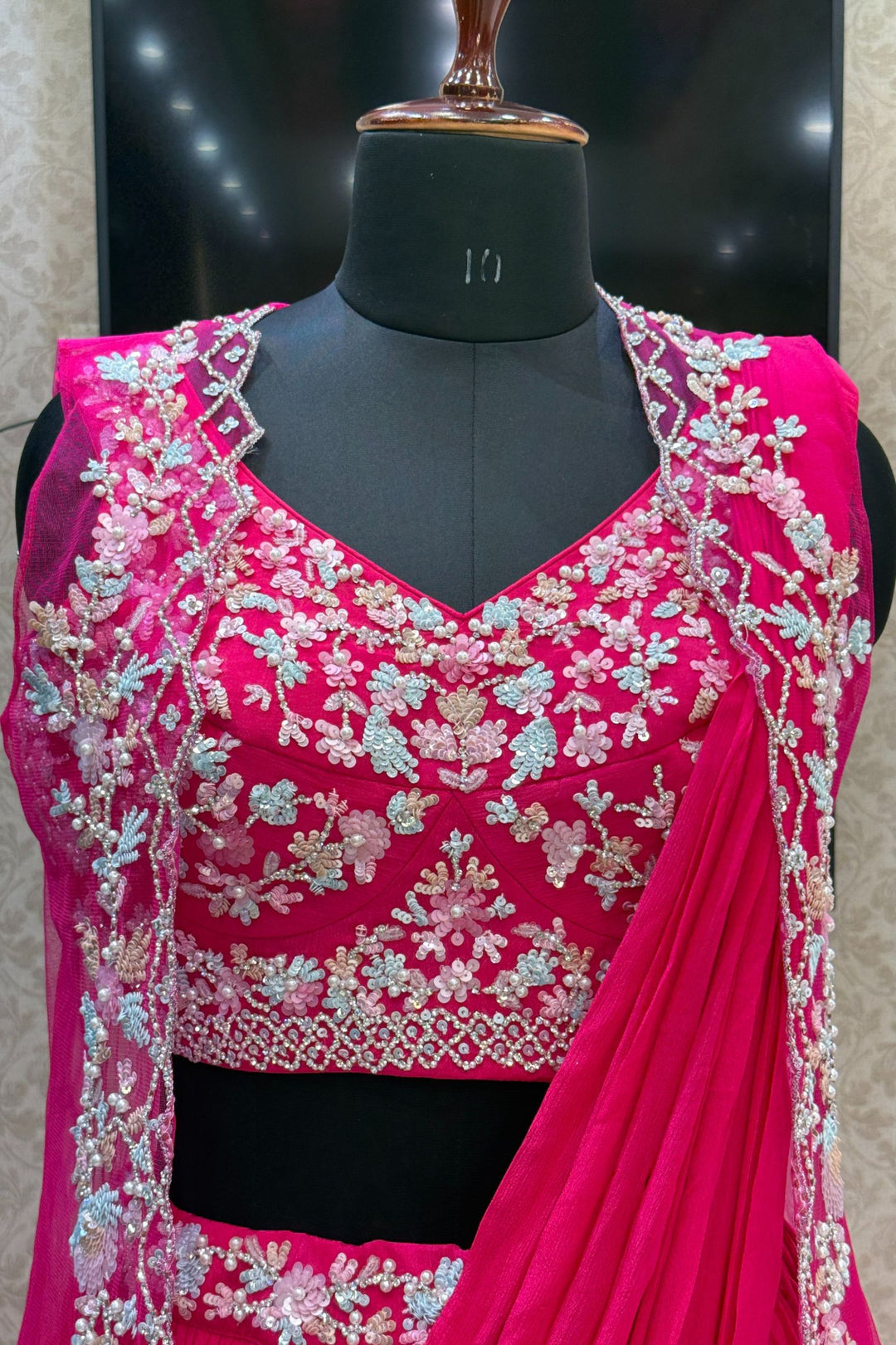 Rani Pink Sequins, Stone and Pearl work Indo-Western Styled Crop Top Lehenga  with Overcoat