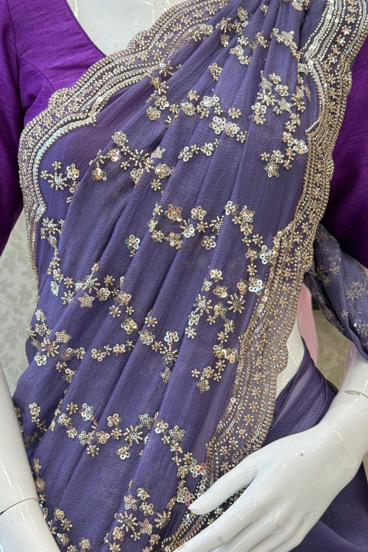 Purple Sequins, Beads and Zari work Saree