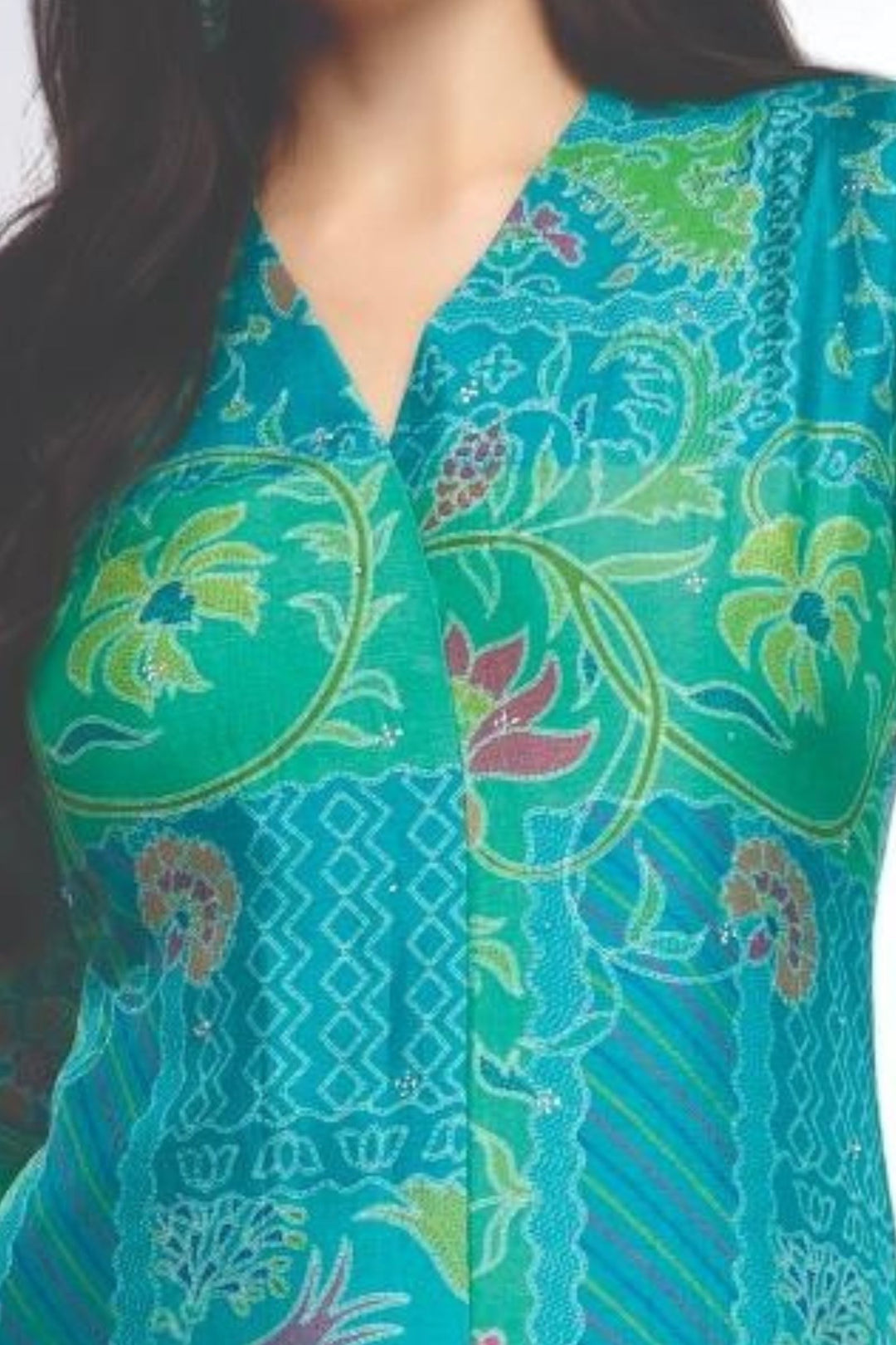 Rama Blue with Green Digital Print and Stone work Calf Length Kurti