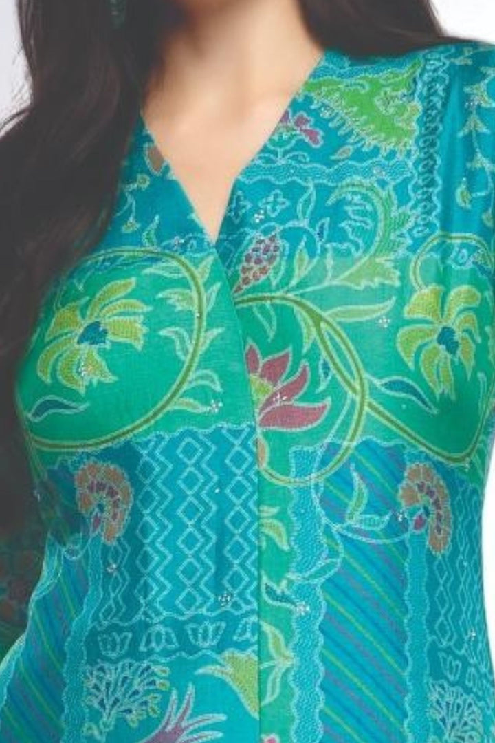 Rama Blue with Green Digital Print and Stone work Calf Length Kurti