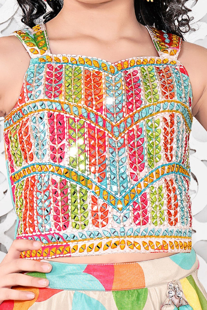 Beige Mirror and Beads work with Multicolor Digital Print Lehenga Choli for Girls