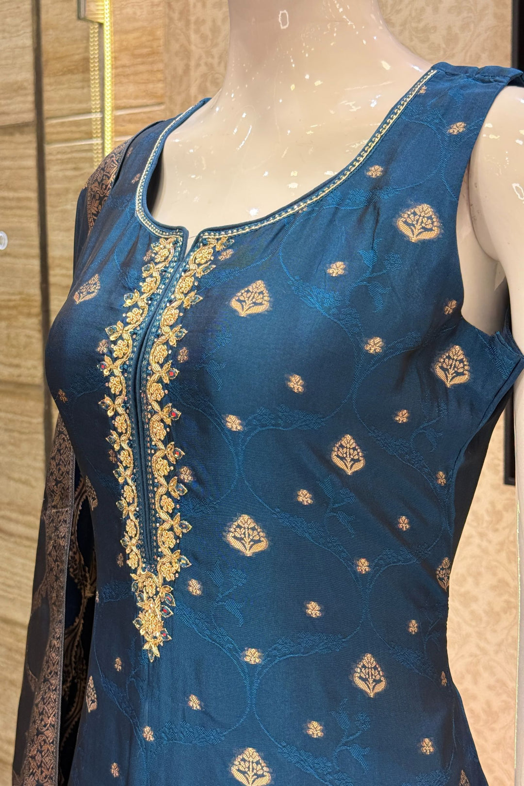Teal Blue Zardozi, Sequins, Mirror, Stone, Brocade and Banaras work Straight Cut Salwar Suit
