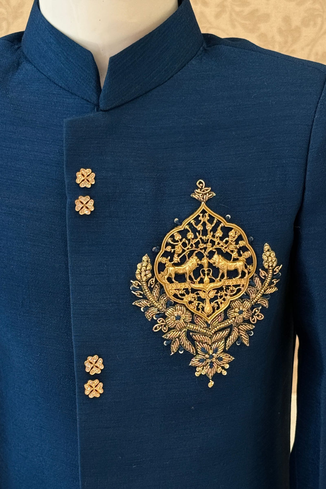 Teal Blue with Gold Zardozi and Zari work Jodhpuri Suit for Boys