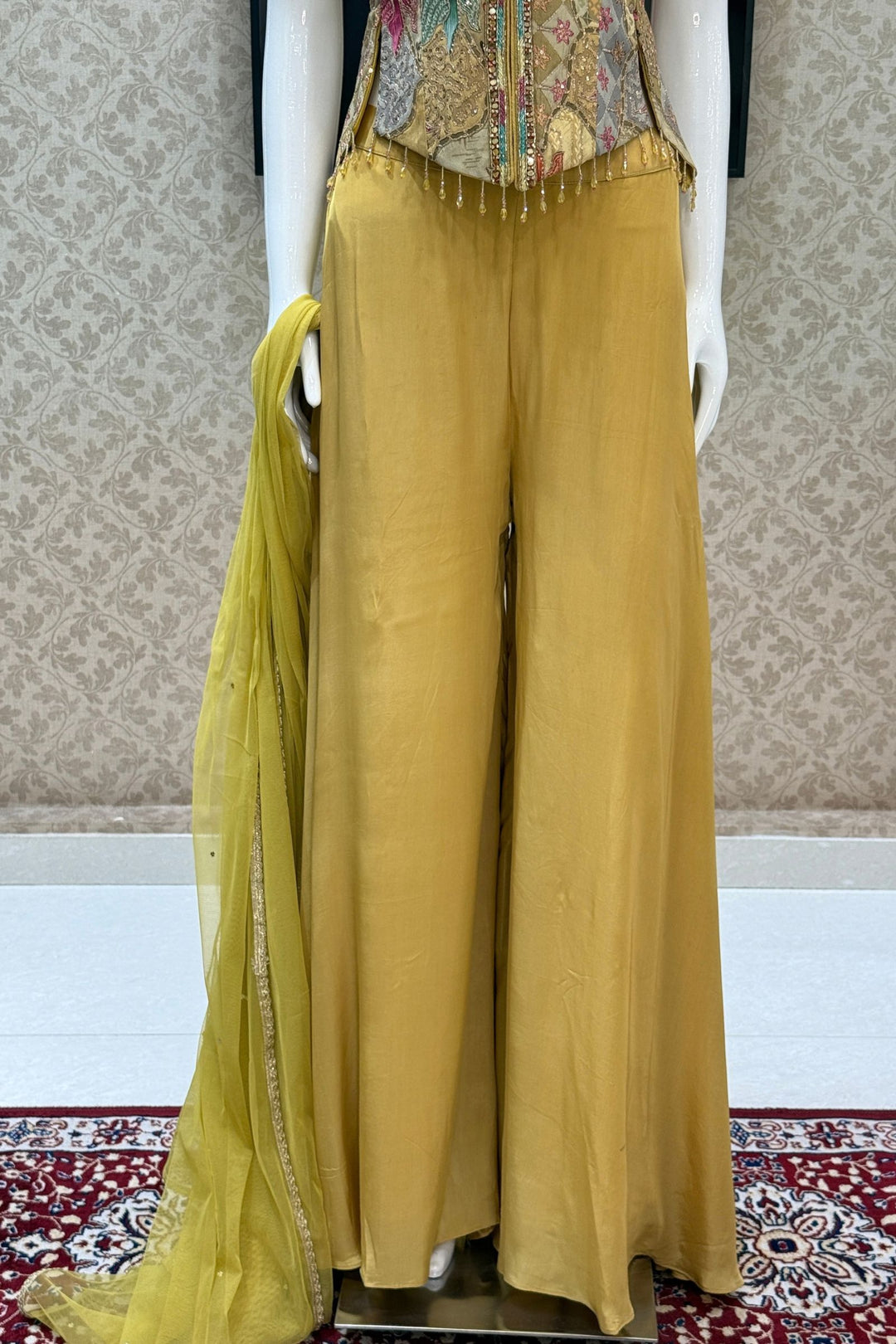 Yellow Halter Neck Palazzo Salwar Suit with Sequins, Mirror, Zari, Stone and Beads Detailing
