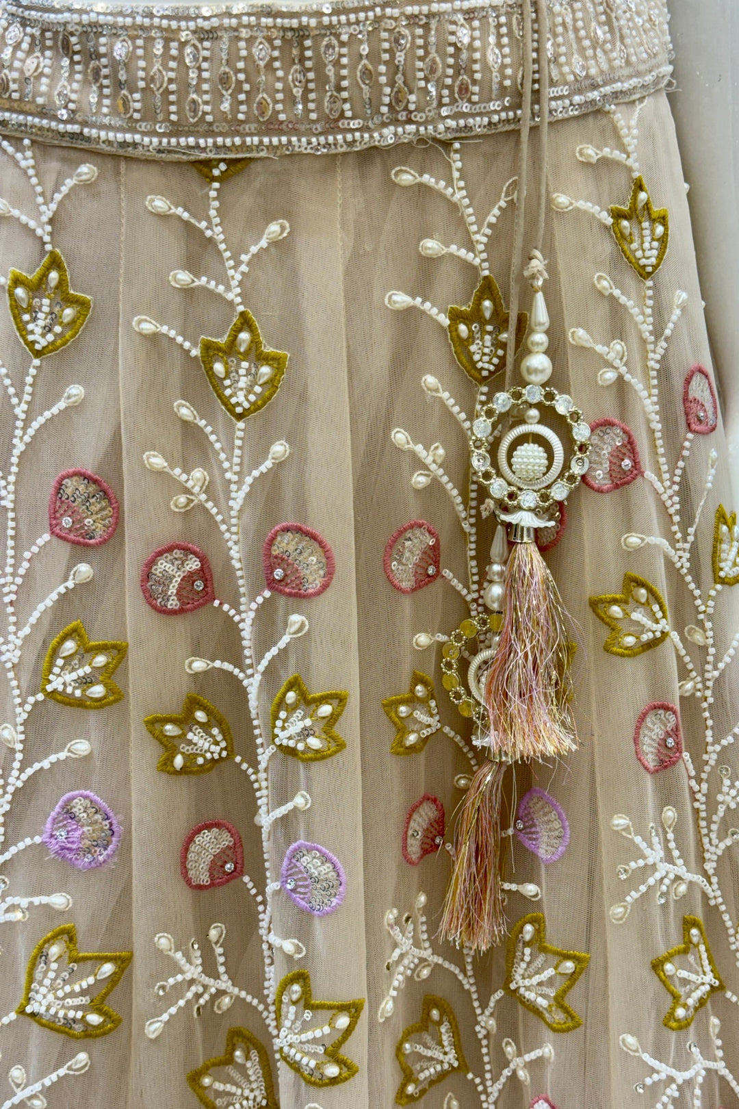 Beige Beads, Stone, Sequins, Pearl and Multicolor Embroidery work Designer Lehenga