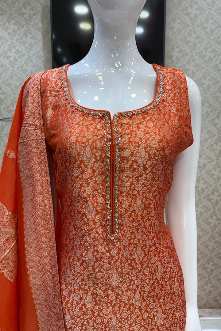 Orange Zardozi, Stone, Thread and Brocade work Straight Cut Salwar Suit
