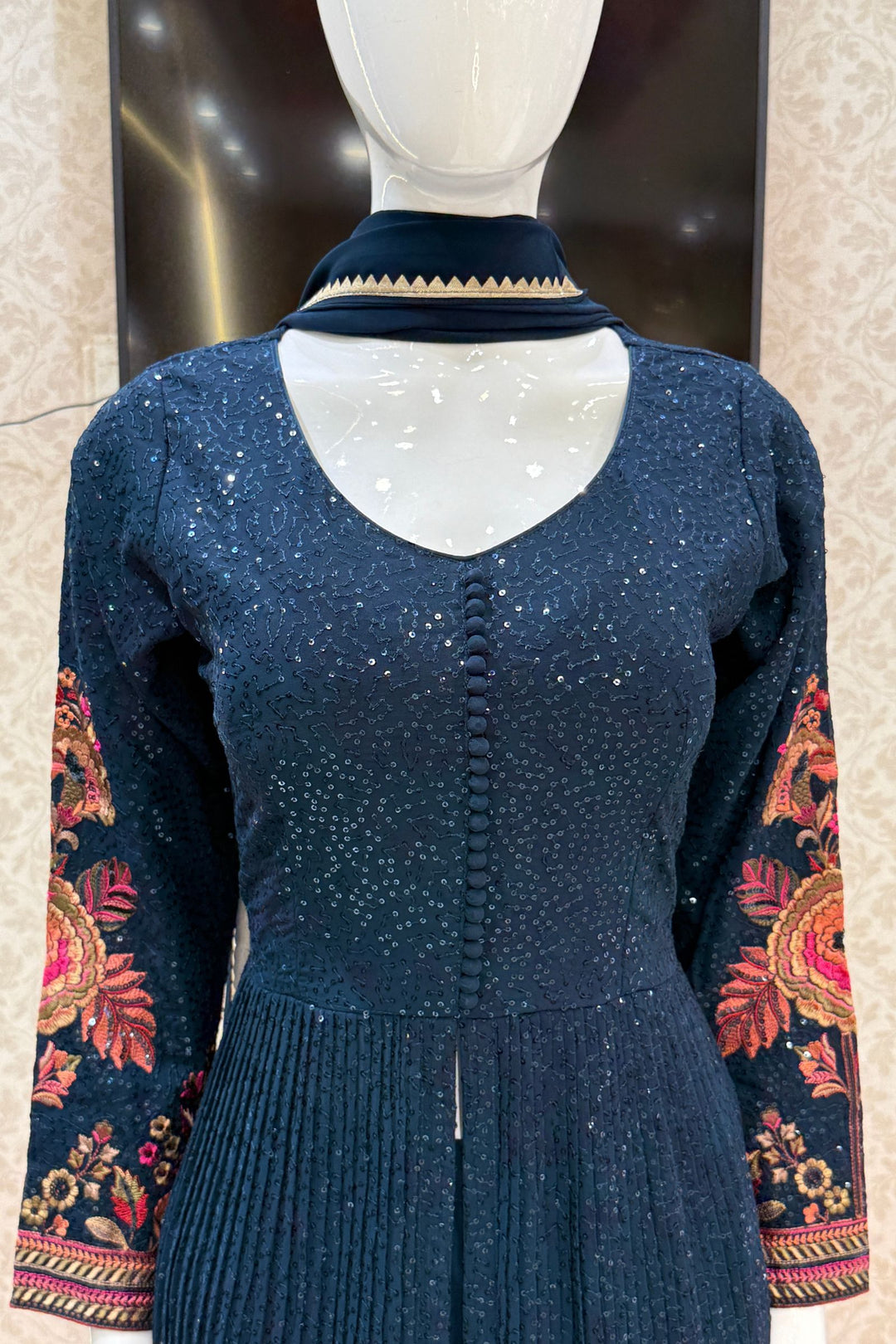 Peacock Blue Sequins and Multicolor Embroidery work Palazzo Salwar Suit