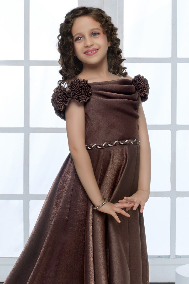 Brown Cowl Neck Flared Gown with Floral Rosette Detail for Girls