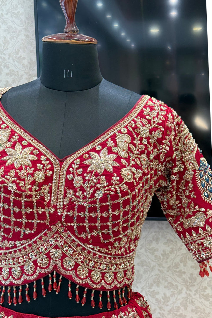 Red Beads, Sequins and Zari work Bridal Lehenga with Intricate Peacock and Elephant Motifs
