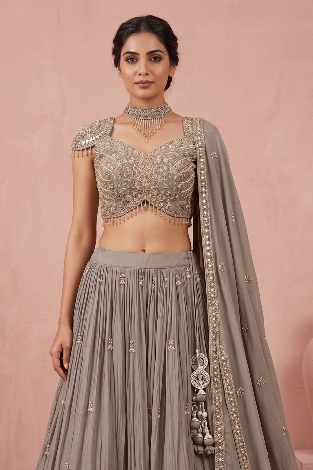 Designer Grey Lehenga with Intricate Beads, Zardozi, Mirror, Kundan and Sequins work