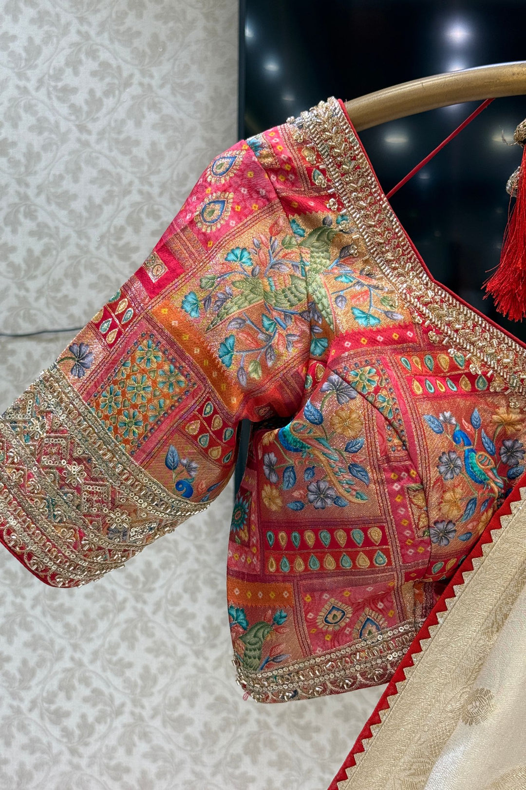 Cream Banaras work Saree with Beads, Zari and Sequins work Readymade Blouse