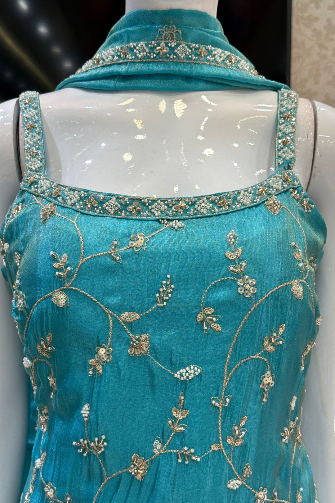 Rama Blue Beads, Zari and Sequins work Top with Flared Palazzo Set
