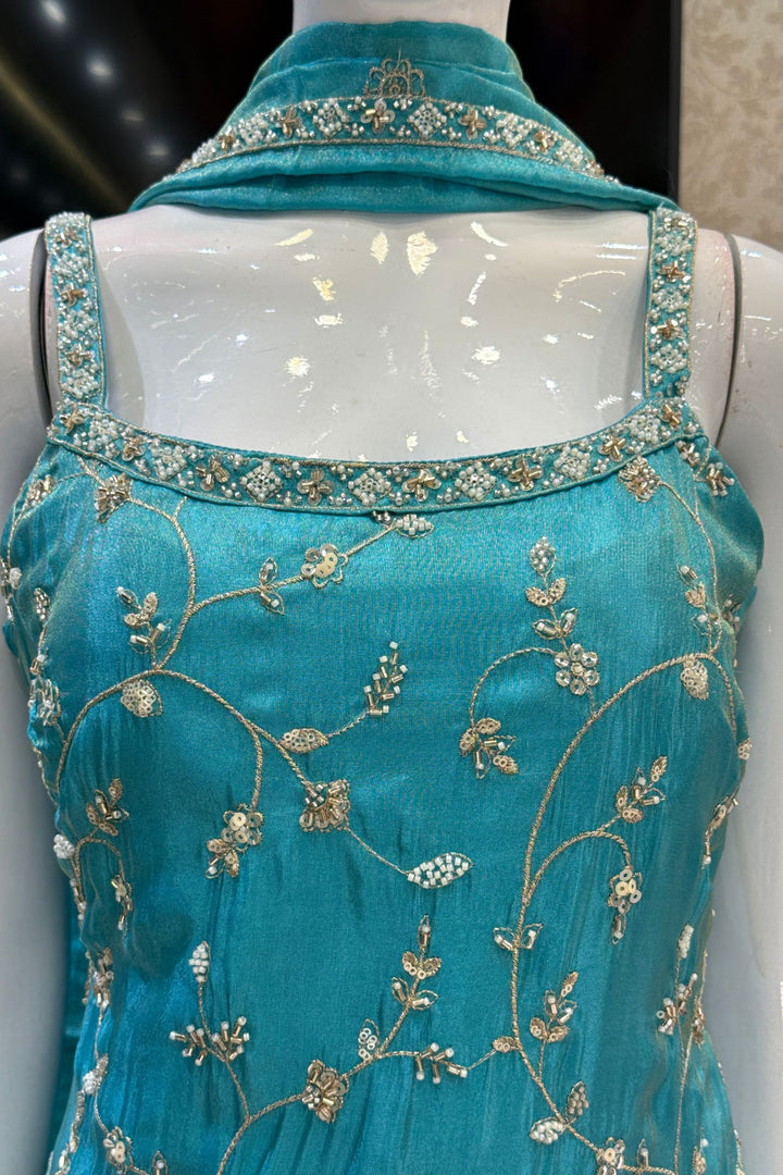 Rama Blue Beads, Zari and Sequins work Top with Flared Palazzo Set