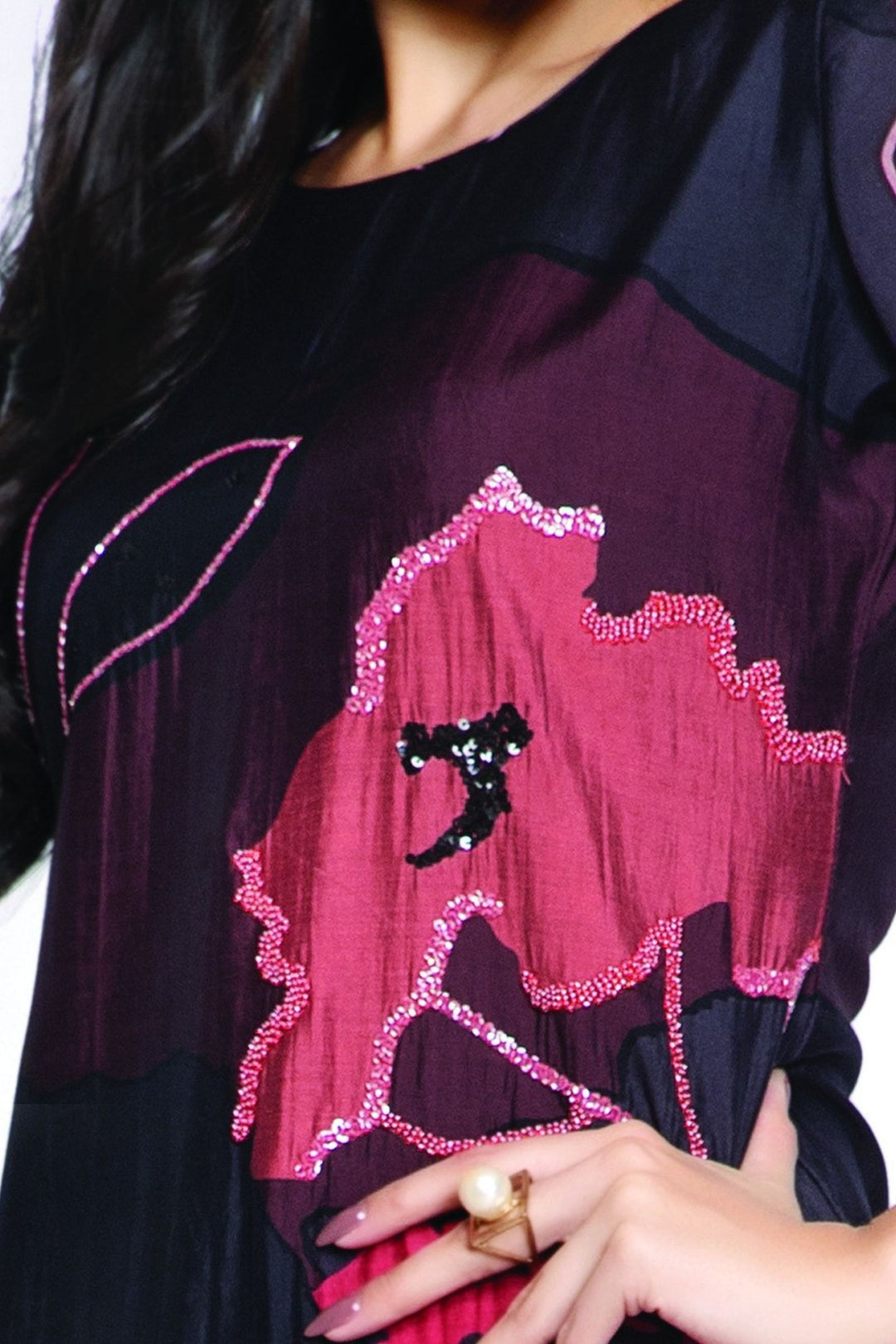 Black Beads and Sequins work with Multicolor Digital Print Calf Length Kurti