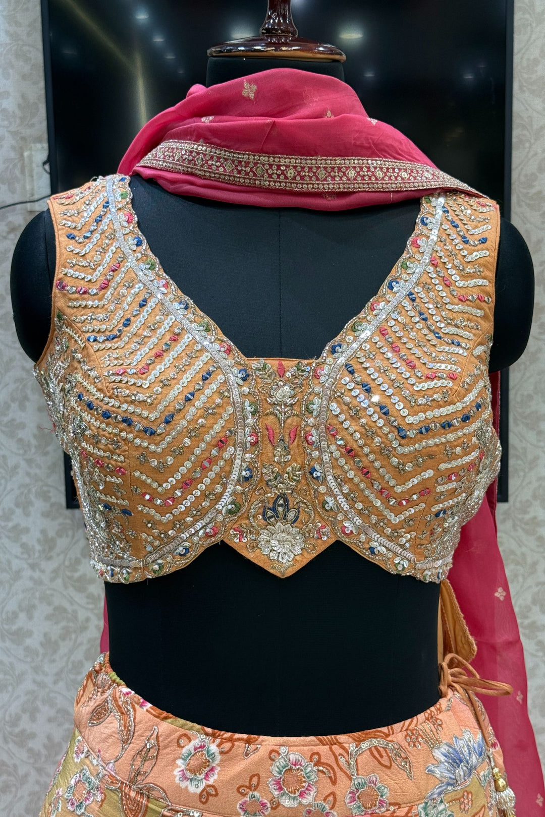 Peach Mirror, Beads, Zari and Sequins work with Floral Print Crop Top Lehenga