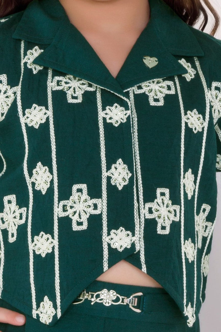 Bottle Green Thread and Sequins work Top with Palazzo Set for Girls