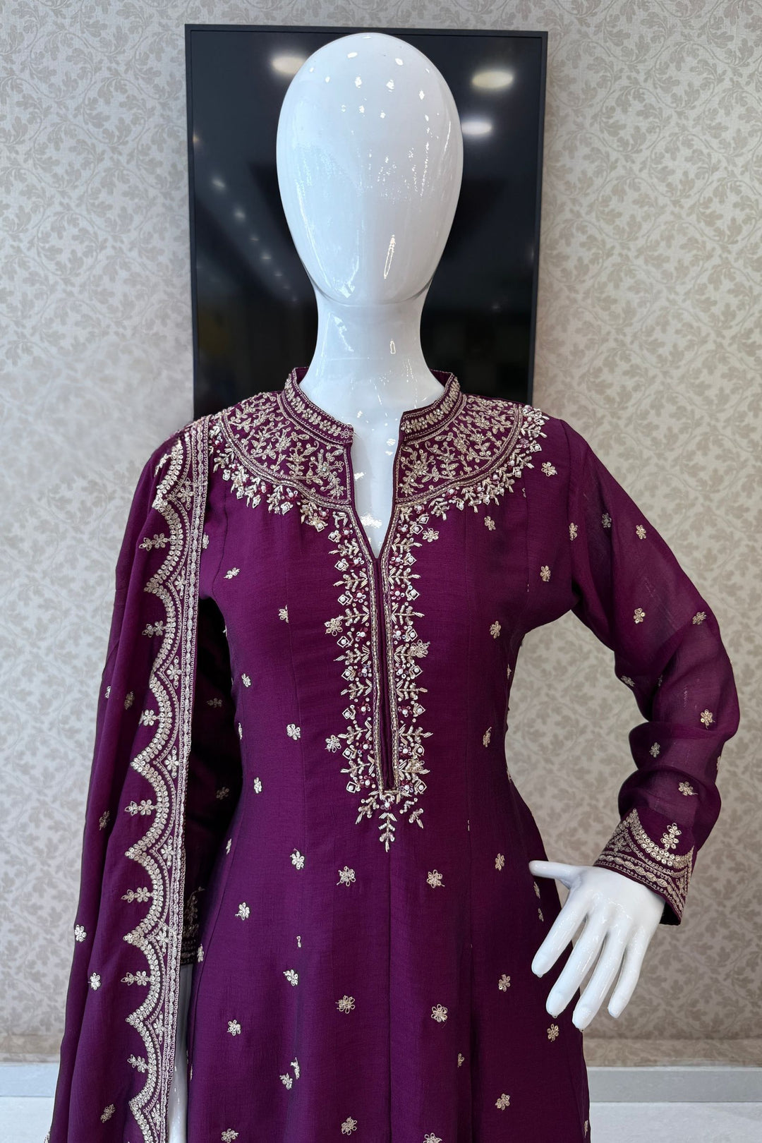 Wine Zari, Zardozi, Sequins and Stone work A-line Cut Salwar Suit