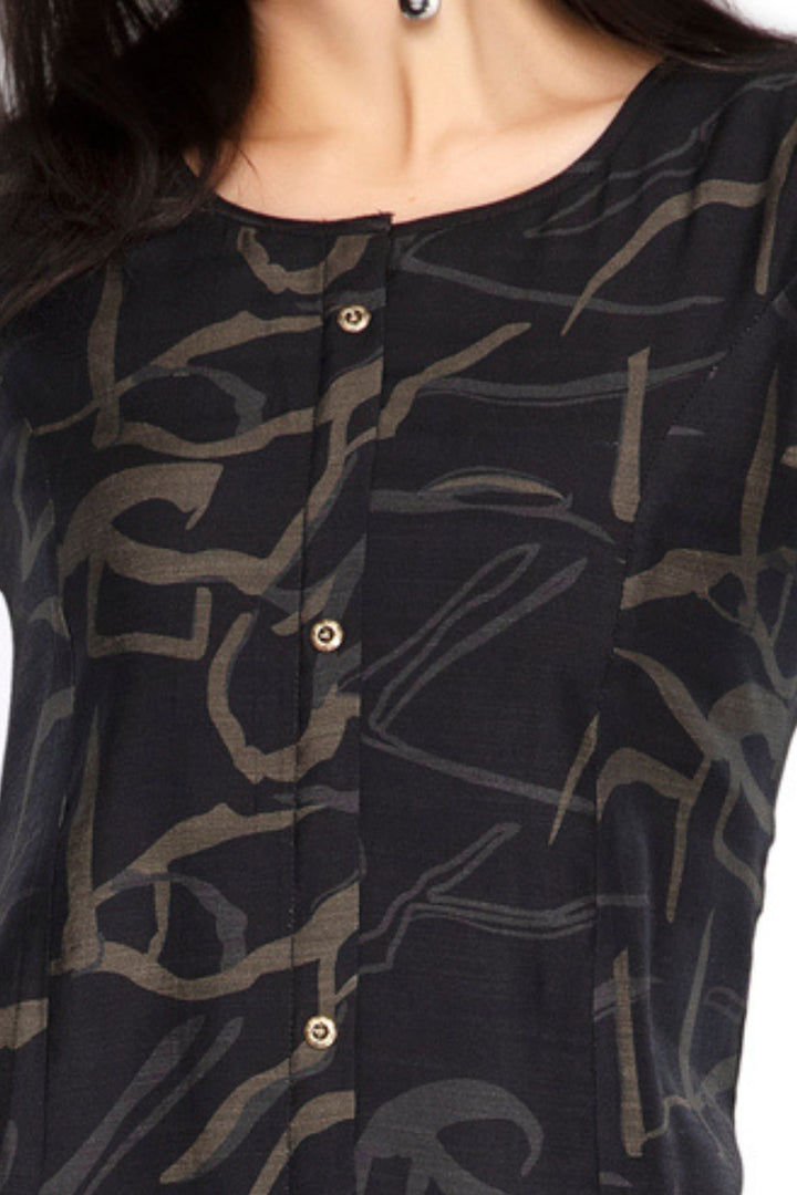 Black with Digital Print A-line Cut Calf Length Kurti