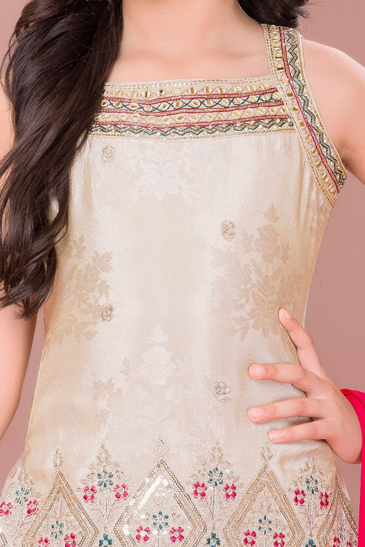 Cream with Pink Mirror, Zari and Thread work with Digital Print Sharara Suit Set for Girls