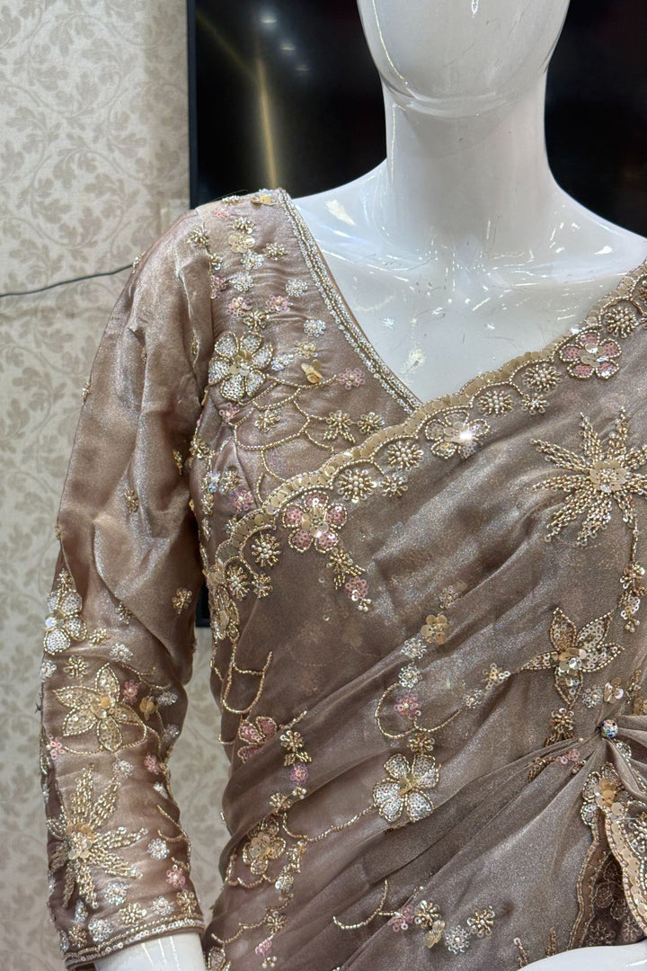 Copper Sequins, Beads, Zari and Pearls work Saree